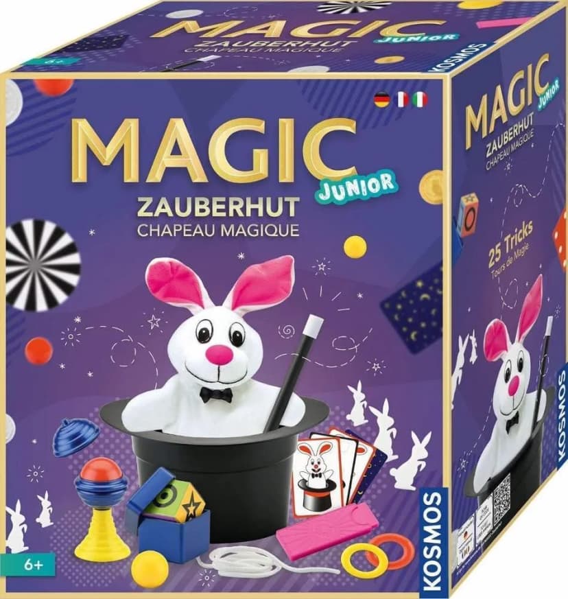 Kosmos Magic Junior Zauberhut: Verpackung mit schwarzem Zylinder, Plüschhase und Zaubertrick-Zubehör