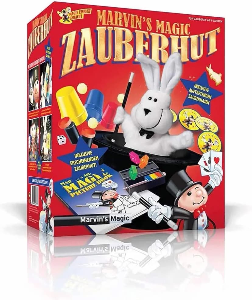 Marvin’s Magic Zauberhut: rote Verpackung mit Plüschhase, Zylinder, Zauberstab und Becherspiel