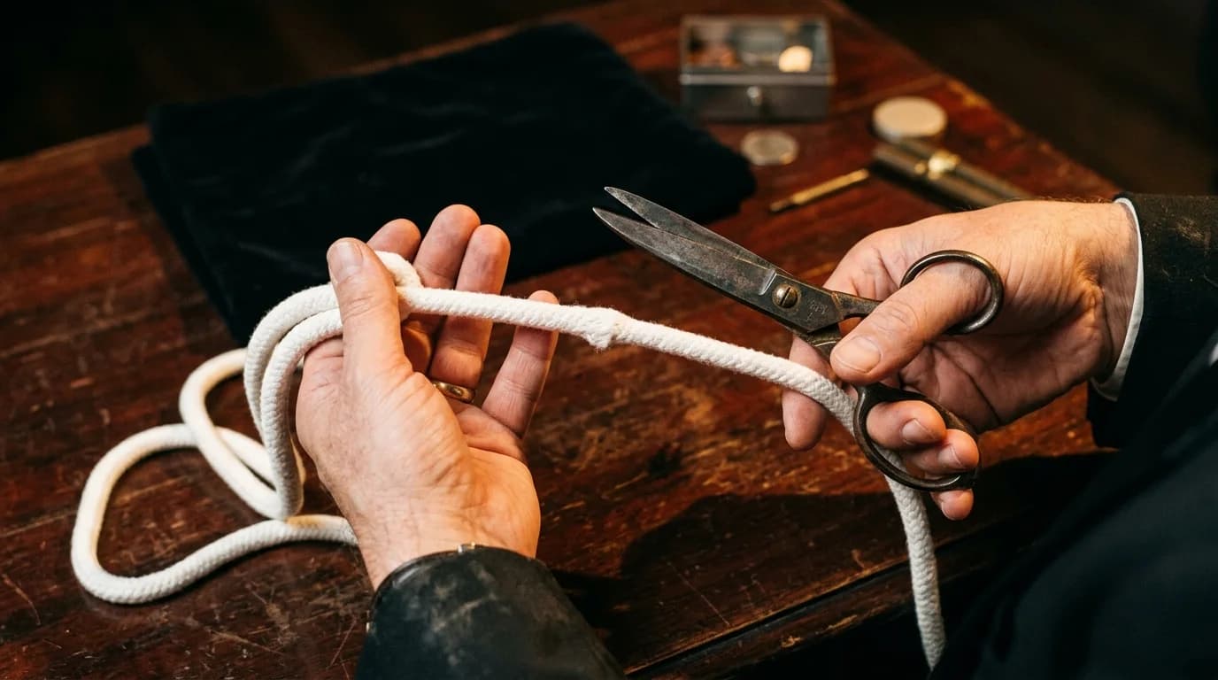 Seil-Zaubertrick mit Schere und weißem Zauberseil
